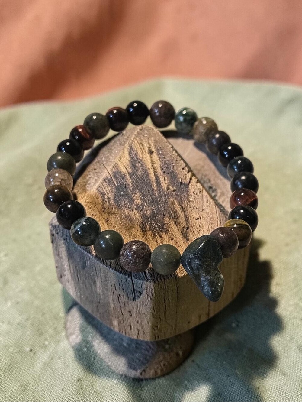 Earth Tone Grounding Handmade Green and Brown Beaded Heart Pendant Bracelet